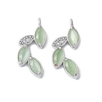 Brass Micro Pave Cubic Zirconia Pendants, Leaf Charms, with Cat Eye, Rack Plating, Long-Lasting Plated, Cadmium Free & Lead Free, Platinum, 20.5x8.5x3mm, Hole: 1.5mm