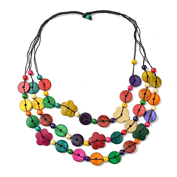 Dyed Natural Coconut Flower Beaded 3 Layer Necklaces, Bohemian Jewelry for Women, Colorful, 26.26 inch(66.7cm)