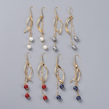 Shell Pearl Dangle Earrings, with 304 Stainless Steel Pendants, 316 Surgical Stainless Steel Earring Hooks, Brass Cable Chains and Cardboard Packing Box, Mixed Color, 98mm, Pin: 0.8mm