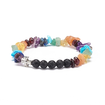 Natural & Synthetic Mixed Stone Chips & Lava Rock & Alloy Cross Stretch Bracelets, 7 Chakra Jewelry for Women, Inner Diameter: 2 inch(5.05cm)