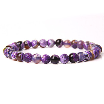 Natural Striped Agate/Banded Agate Round Beaded Stretch Bracelet, 