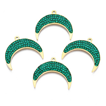 316 Surgical Stainless Steel Pendants, with Micro Pave Cubic Zirconia, Real 14K Gold Plated, Moon, Green, 19x22.5x2mm, Hole: 1.5mm