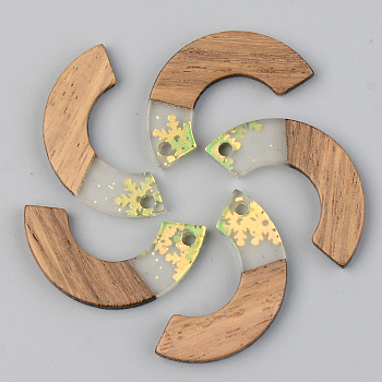 Transparent Resin & Walnut Wood Pendants, with Glitter Paillettes, Arc, Green Yellow, 28x14x3mm, Hole: 2mm