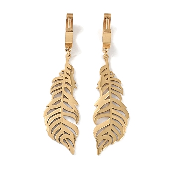Feather 304 Stainless Steel Dangle Earrings, Hoop Earrings for Women, Real 18K Gold Plated, 55x14mm
