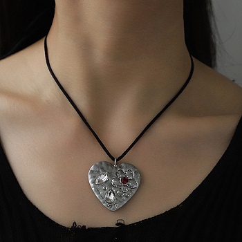 Alloy Rhinestone Pendant Necklaces, Nylon Cord for Women, Heart, 48.62 inch(123.5cm)