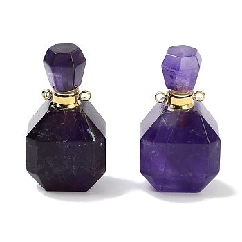 Natural Amethyst Perfume Bottle Pendants, Faceted Bottle Charms with Golden Tone 304 Stainless Steel Findings, Cadmium Free & Lead Free, 36~37x20~20.5x13.5~15mm, Hole: 1.8mm