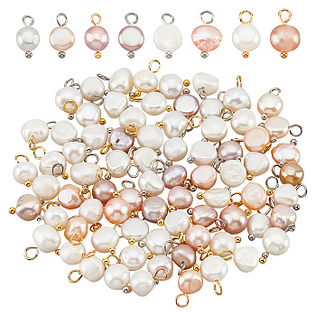 80pcs 4 Styles Natural Cultured Freshwater Pearl Charms, with Golden Tone Brass Loops, Oval, Mixed Color, 10~12x5.5~8x4~6mm, Hole: 2.3~2.7mm, 20pcs/style
