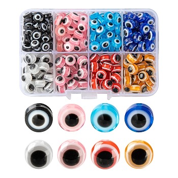 8 Style Resin Beads, Flat Round & Round with Evil Eye, Mixed Color, about 280pcs/box