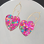 Glitter Heart Acrylic & Titanium Alloy Hoop Earrings for Women, Camellia, 46x25mm(FS-WG2AED5-03)