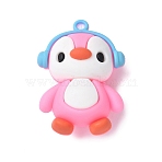 PVC Plastic Pendants, Penguin with HeadPhone, Pink, 49x35x22mm, Hole: 3mm(KY-P020-B02)
