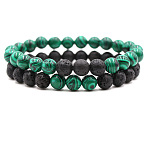 2Pcs 2 Styles Synthetic Malachite & Natural Lava Rock Round Beaded Stretch Bracelets for Couple, 7.48 inch(19cm)(FS-WGA2A2E-01)