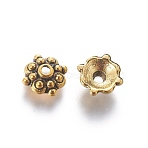 Tibetan Style Alloy Caps, Lead Free and Cadmium Free, Antique Golden, 8x3mm, Hole: 1mm(GLF0664Y)