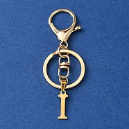 304 Stainless Steel Initial Letter Charm Keychains, with Alloy Clasp, Golden, Letter I, 8.5cm(KEYC-YW00005-09)