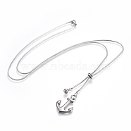 Adjustable 304 Stainless Steel Lariat Necklaces, with Slider Stopper Beads and Anchor Pendants, Stainless Steel Color, 27.9 inch(71cm), 1.5mm(NJEW-F252-A05)