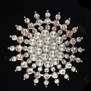 Imitation Pearl Alloy Flower Brooch, with Crystal Rhinestone, Platinum, 50mm(PW-WG23175-03)