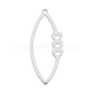 201 Stainless Steel Pendants, Laser Cut, Horse Eye with Heart, Stainless Steel Color, 35x15x1mm, Hole: 1.6mm(STAS-S105-LA738-1)