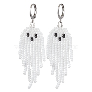 Halloween Woven MIYUKI Seed Beads Ghost Hoop Earrings, 304 Stainless Steel Leverback Earrings for Women, White, 65x19mm(EJEW-JE05854-01)