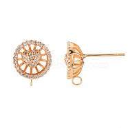 Brass Micro Pave Clear Cubic Zirconia Stud Earrings Findings, with Loop, Nickel Free, Flat Round, Real 18K Gold Plated, 14x11.5mm, Hole: 2mm, Pin: 0.8mm(KK-T062-134G-NF)