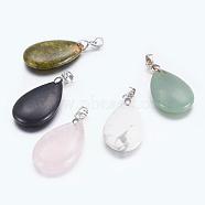 Mixed Gemstone Pendants, with Brass Clasps, teardrop, Mixed Color, 30~35x16~22x5~9mm, Hole: 5x4mm(G-R118)
