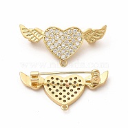 Brass Micro Pave Clear Cubic Zirconia Brooch Findings, with Loops, Heart with Angel Wing, Real 18K Gold Plated, 34x16x6.5mm, Hole: 1.2mm(JEWB-M025-02G)