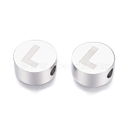 304 Stainless Steel Beads, Flat Round with Letter, Letter.L, 10x4.5mm, Hole: 2mm(STAS-I126-02P-L)