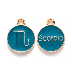 Alloy Enamel Pendants, Cadmium Free & Lead Free, Flat Round with Constellation, Light Gold, Dark Cyan, Scorpio, 15x12x2mm, Hole: 1.5mm(X-ENAM-S124-01B-05L)