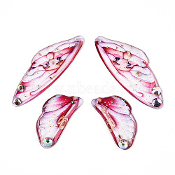 Epoxy Resin Butterfly Wing Pendants, with Rhinestone & Glitter Powder & Gold Foil, Cerise, 39.5x14~16x2.5mm, Hole: 1.2mm, Small Wings: 24.5x13x2.5mm(FIND-N005-67)