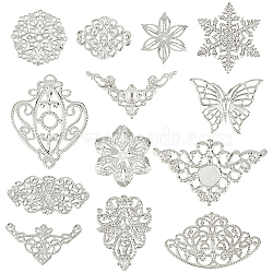 130Pcs 13 Styles Iron Filigree Joiners Links, Etched Metal Embellishments, Mixed Shapes, Platinum, 26~66x30~78.5x0.5~3mm, Hole: 1.2~2.5mm, 10pcs/style(DIY-PH0023-85)