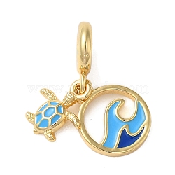 Rack Plating Brass Deep Sky Blue Enamel European Dangle Charms, Turtle & Wave Large Hole Pendants, Cadmium Free & Lead Free, Long-Lasting Plated, Real 18K Gold Plated, 25mm, Hole: 5mm(KK-P279-35G)