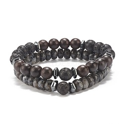 2Pcs 2 Style Natural Ebony Wood & Gemstone Stretch Bracelets Set, Essential Oil Yoga Bracelets for Women, Inner Diameter: 2-1/4 inch(5.8cm), 1Pc/style(BJEW-JB07995)