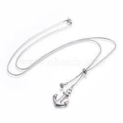 Adjustable 304 Stainless Steel Lariat Necklaces, with Slider Stopper Beads and Anchor Pendants, Stainless Steel Color, 27.9 inch(71cm), 1.5mm(NJEW-F252-A05)