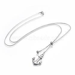 Non-Tarnish Adjustable 304 Stainless Steel Lariat Necklaces, with Slider Stopper Beads and Anchor Pendants, Stainless Steel Color, 27.9 inch(71cm), 1.5mm(NJEW-F252-A05)