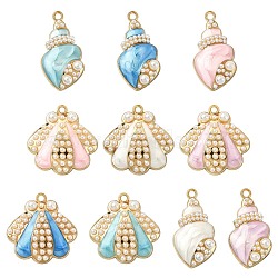 20Pcs 10 Styles Marine Theme Alloy Enamel Pendants, with Plastic Beads, Mixed Shapes, Golden, Mixed Color, 24.5~28x15~24x5mm, Hole: 1.8mm, 2pcs/style(FIND-CJ0002-93)
