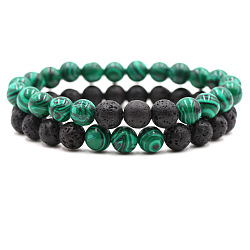 2Pcs 2 Styles Synthetic Malachite & Natural Lava Rock Round Beaded Stretch Bracelets for Couple, 7.48 inch(19cm)(FS-WGA2A2E-01)