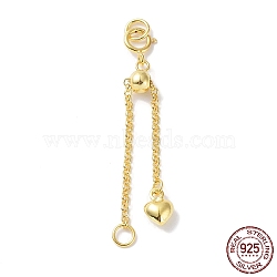 925 Sterling Silver Ends with Chains, with Spring Clasps, Slide Bead, Jump Ring and Heart Charms, Real 18K Gold Plated, 39mm, Hole: 2.6mm(STER-P050-05G)