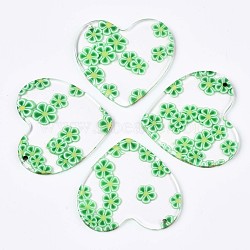 Transparent Clear Cellulose Acetate(Resin) Pendants, Printed, Heart with Flower, Lime Green, 36x38.5x2.5mm, Hole: 1.4mm(KY-T040-56A)