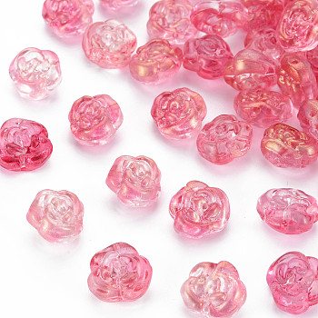 Transparent Glass Beads, Dyed & Heated, with Gold Glitter Power, Rose, Pale Violet Red, 12.5x14x9mm, Hole: 1.2mm