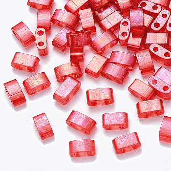 2-Hole Baking Painted Transparent Glass Seed Beads, AB Color Plated, Rectangle, Red, 4.5~5.5x2x2~2.5mm, Hole: 0.5~0.8mm, about 2000pcs/bag
