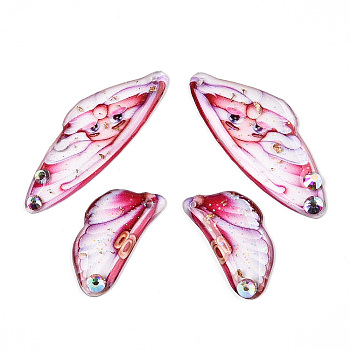 Epoxy Resin Butterfly Wing Pendants, with Rhinestone & Glitter Powder & Gold Foil, Cerise, 39.5x14~16x2.5mm, Hole: 1.2mm, Small Wings: 24.5x13x2.5mm