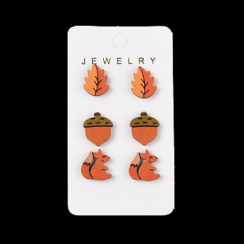 Thanksgiving Stud Earrings Set, With Wood and Steel Needle, Platinum, Squirrel, 16x14mm