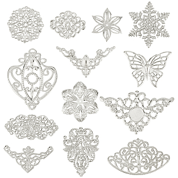130Pcs 13 Styles Iron Filigree Joiners Links, Etched Metal Embellishments, Mixed Shapes, Platinum, 26~66x30~78.5x0.5~3mm, Hole: 1.2~2.5mm, 10pcs/style