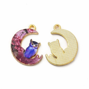 Alloy Printed Pendants, Cadmium Free & Nickel Free & Lead Free, Moon With Owl, Pale Violet Red, 20.5x16x1.5mm, Hole: 1.5mm