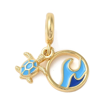 Rack Plating Brass Deep Sky Blue Enamel European Dangle Charms, Turtle & Wave Large Hole Pendants, Cadmium Free & Lead Free, Long-Lasting Plated, Real 18K Gold Plated, 25mm, Hole: 5mm