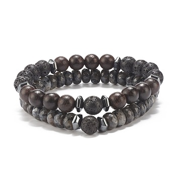 2Pcs 2 Style Natural Ebony Wood & Gemstone Stretch Bracelets Set, Essential Oil Yoga Bracelets for Women, Inner Diameter: 2-1/4 inch(5.8cm), 1Pc/style