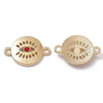 Alloy Connector Charms, with Rhinestones, Flat Round Links with Eye, Golden, Light Siam, 13x19x3mm, Hole: 1.4mm