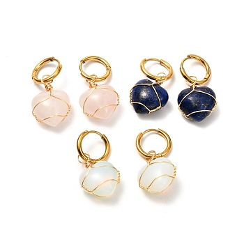 Heart Mixed Stone Dangle Hoop Earrings for Girl Women, Wire Wrapped Stone Earrings, Golden, 33mm, Pin: 1mm