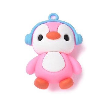 PVC Plastic Pendants, Penguin with HeadPhone, Pink, 49x35x22mm, Hole: 3mm