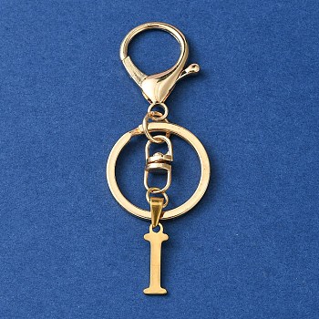 304 Stainless Steel Initial Letter Charm Keychains, with Alloy Clasp, Golden, Letter I, 8.5cm