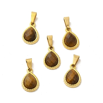 Natural Tiger Eye Faceted Teardrop Charms, with Golden Tone 304 Stainless Steel Snap on Bails, 14x9.5x4mm, Hole: 6x3mm