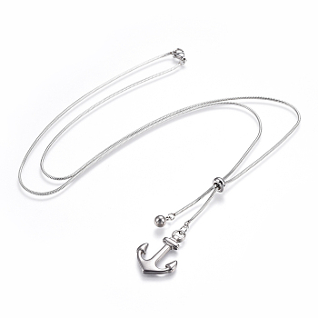 Adjustable 304 Stainless Steel Lariat Necklaces, with Slider Stopper Beads and Anchor Pendants, Stainless Steel Color, 27.9 inch(71cm), 1.5mm